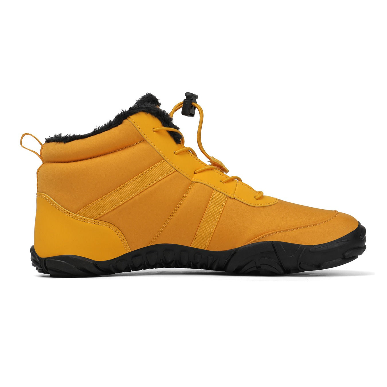 Yellow high-top sneaker with black sole on a white background