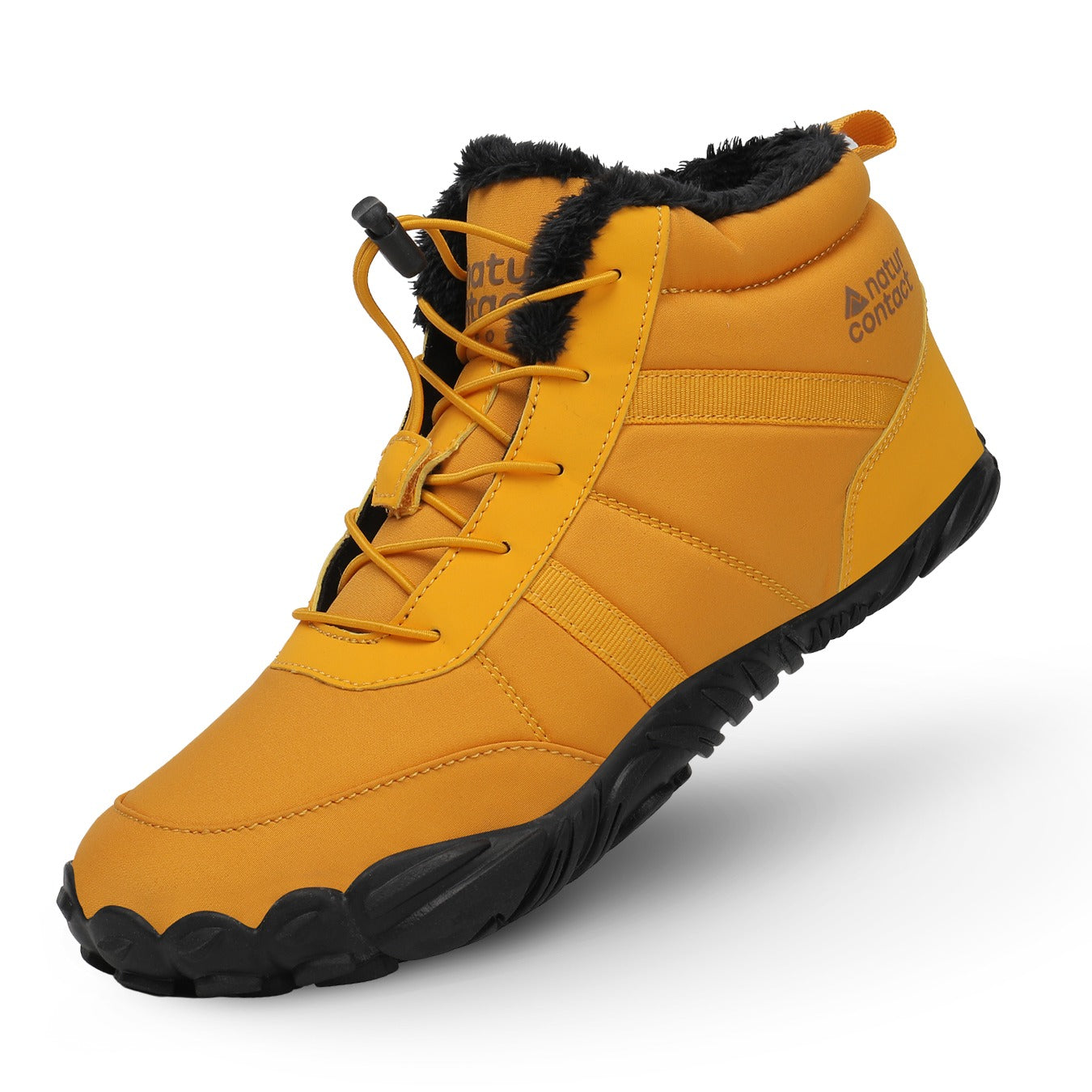 Yellow winter boot with black sole on a white background