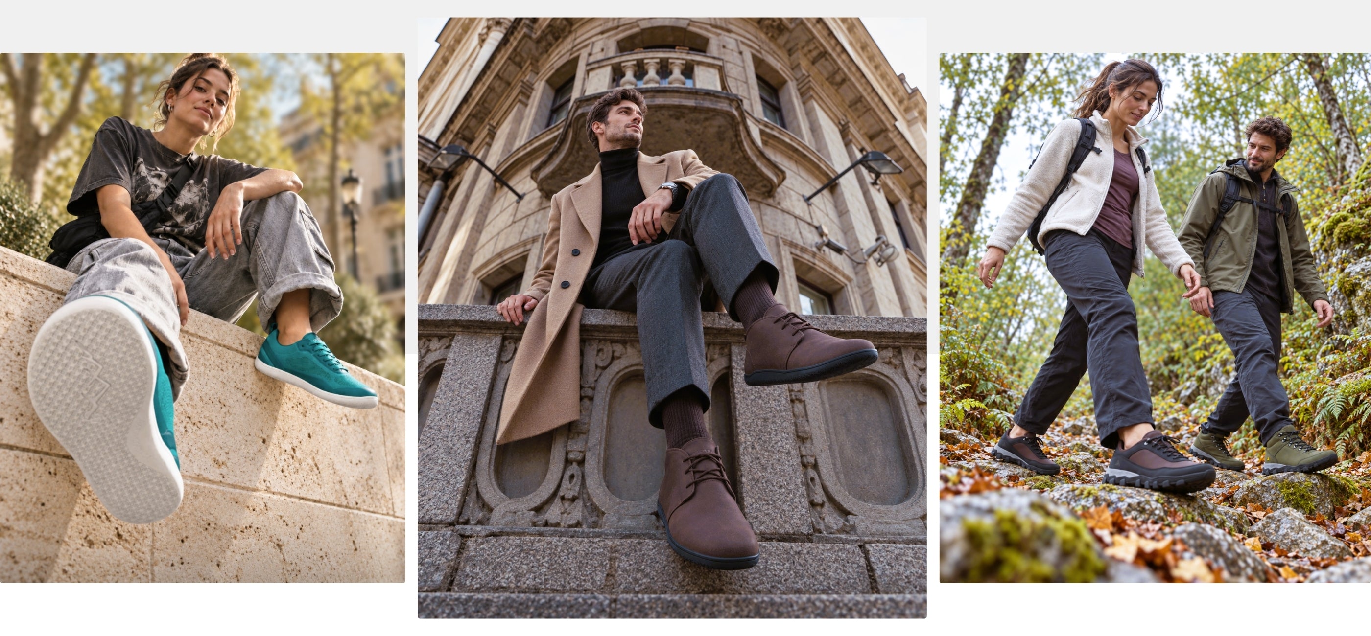 A three-panel lifestyle collage showcasing men's casual footwear in different settings. The left panel shows a man wearing black sneakers with tan pants in an autumn street scene, labeled 'ALL-WEATHER'.