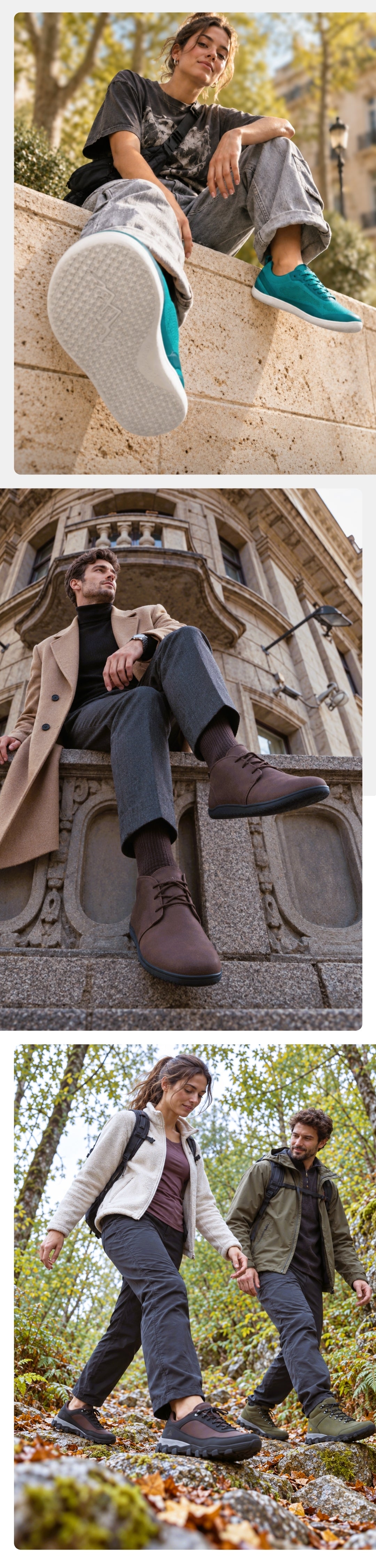 A three-panel vertical collage showing men wearing brown ankle boots in different outdoor settings. The top panel shows a cropped lower-body view of a person standing near a lamppost in autumn, with the text 'ALL WEATHER'.
