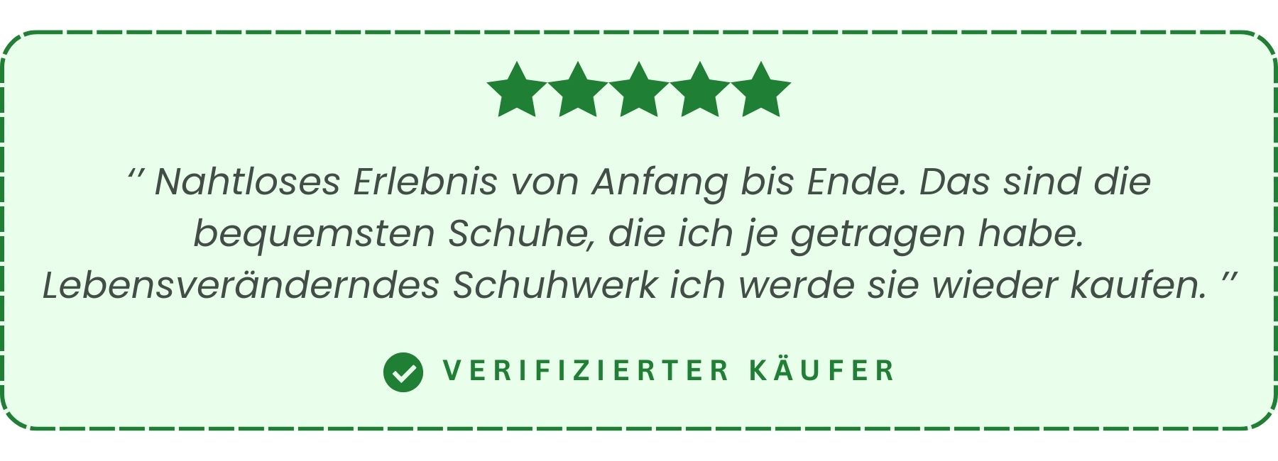 Five-star review with a German quote from a verified buyer on a green background