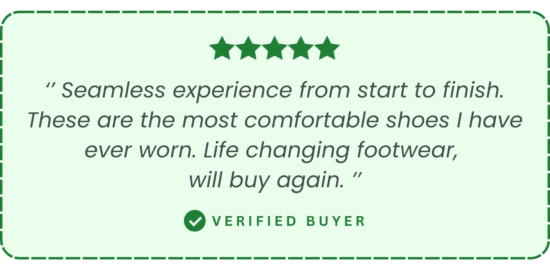 Five-star review for shoes with a green border and verified buyer badge.