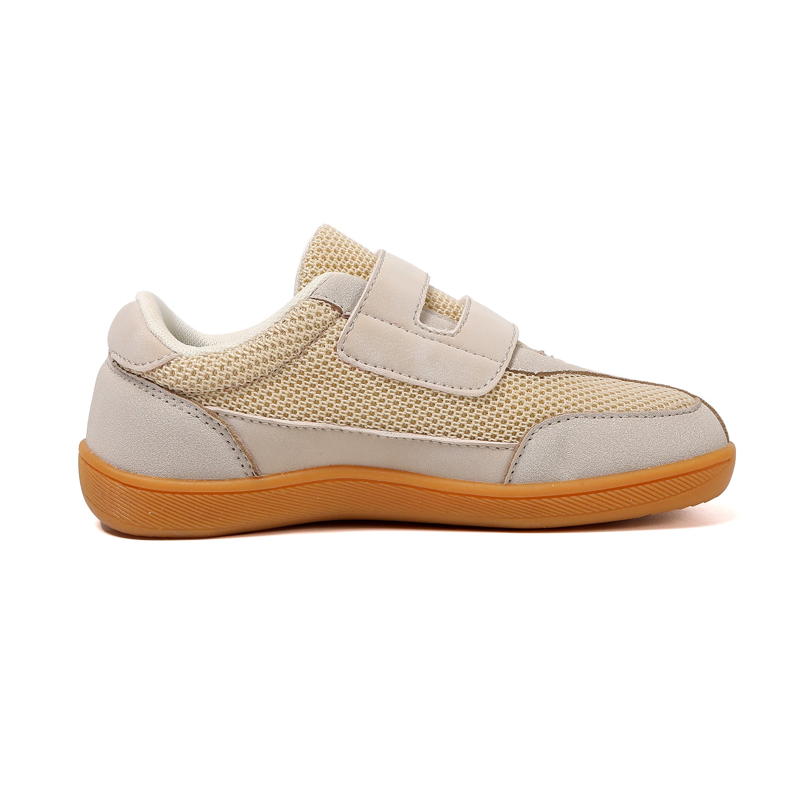 Beige barefoot children's shoe with brown sole side view