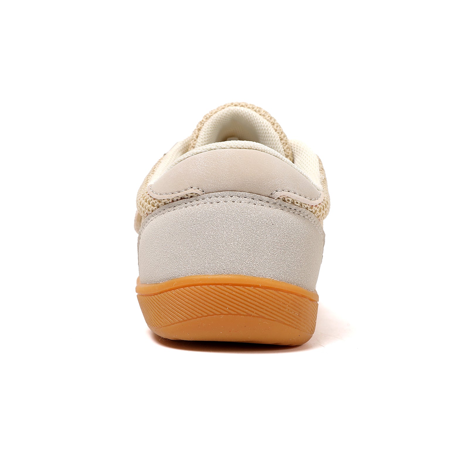 beige barefoot sneaker for kids with orange sole on a back view