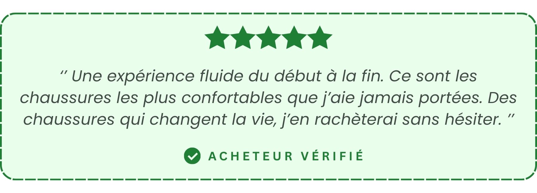 Five-star review with a green border and white text on a light gray background