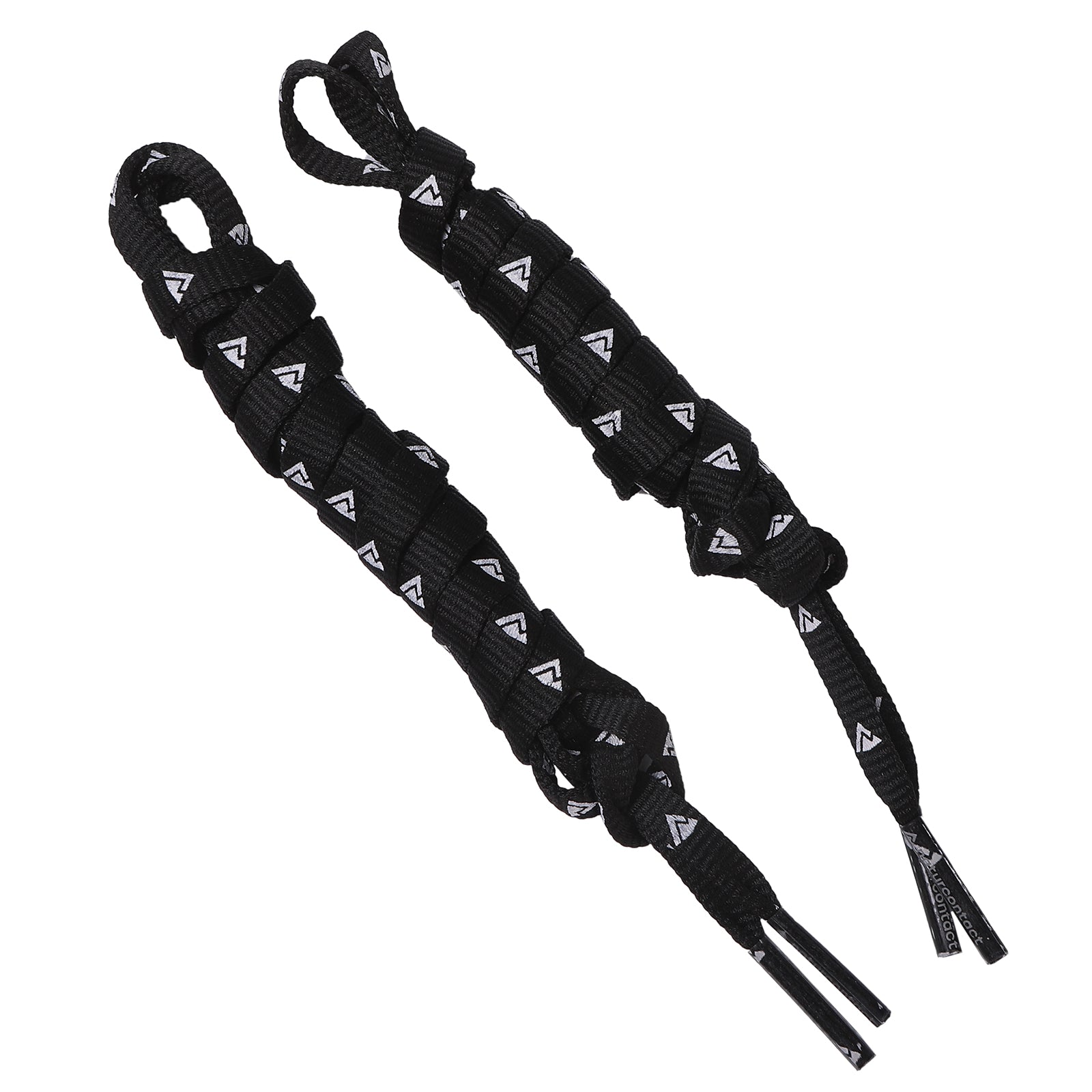 Pair of flat black shoelaces printed with repeating white Naturcontact logos and reinforced aglets