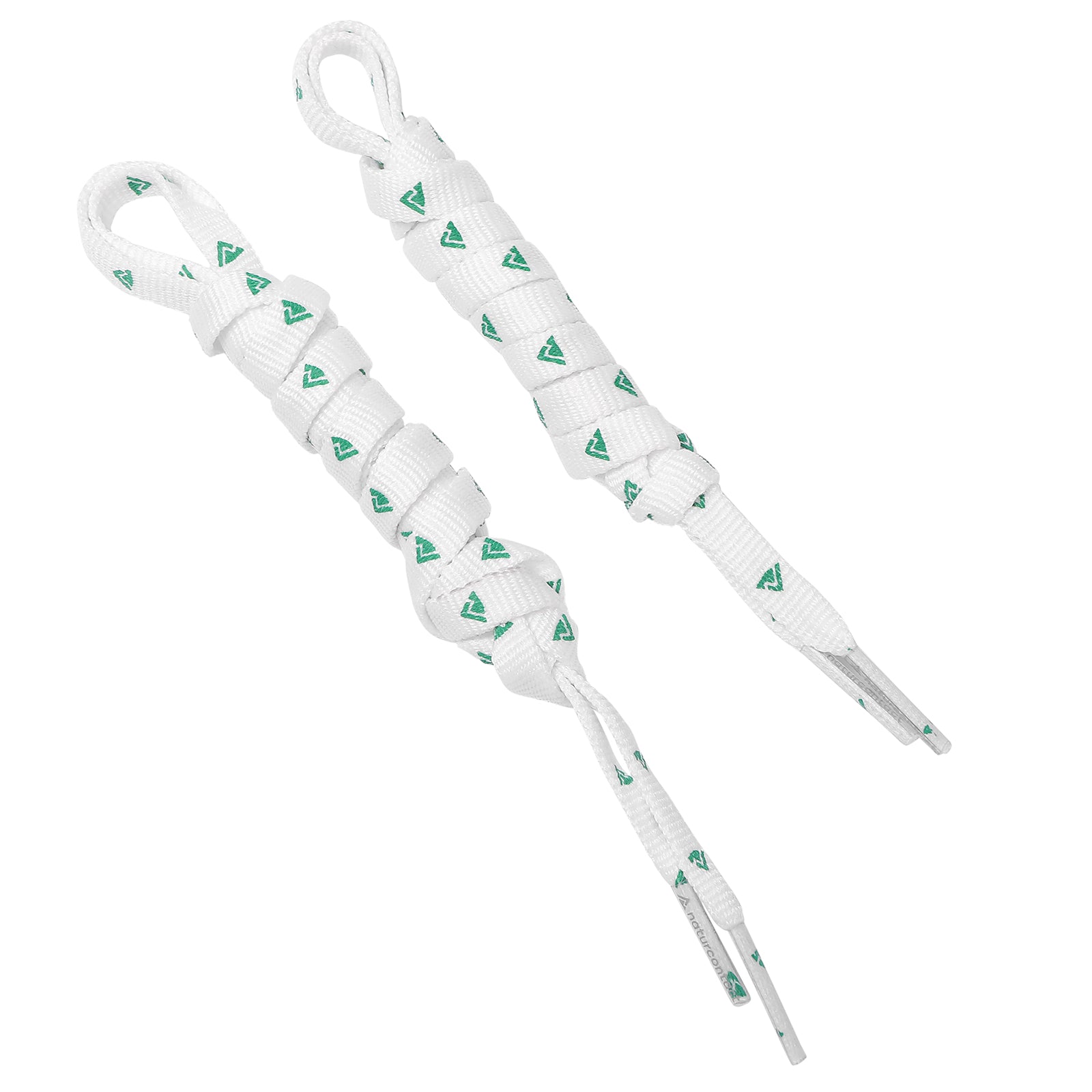 Pair of flat white shoelaces featuring repeating green Naturcontact logos and branded aglets.