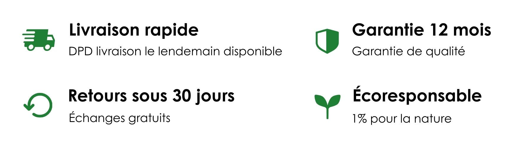 Set of icons and text about fast delivery, warranty, return policy, and eco-responsibility on a white background.