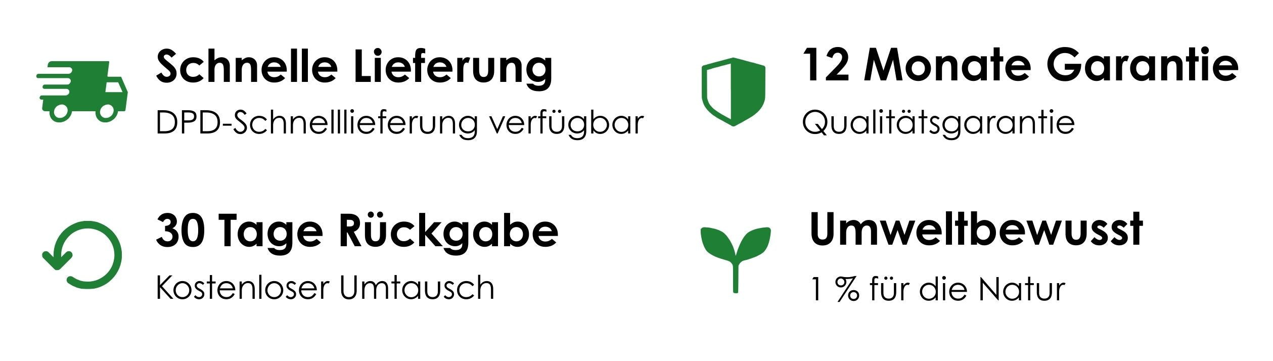 Set of icons and text about delivery, warranty, return policy, and environmental awareness on a white background.