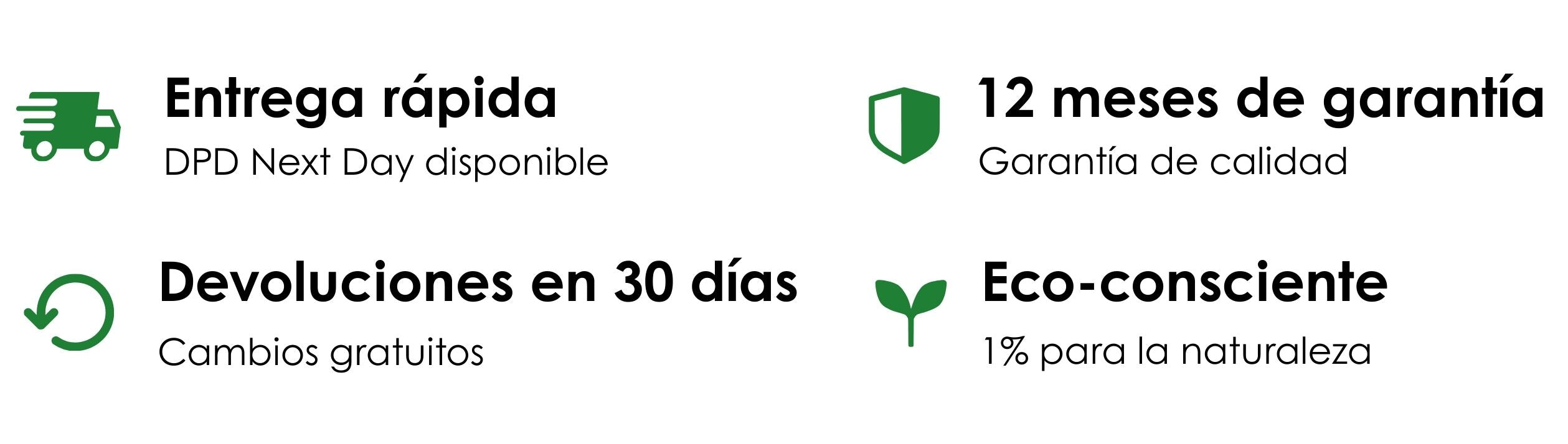 Logos and text indicating fast delivery, warranty, return policy, and eco-friendliness on a white background.