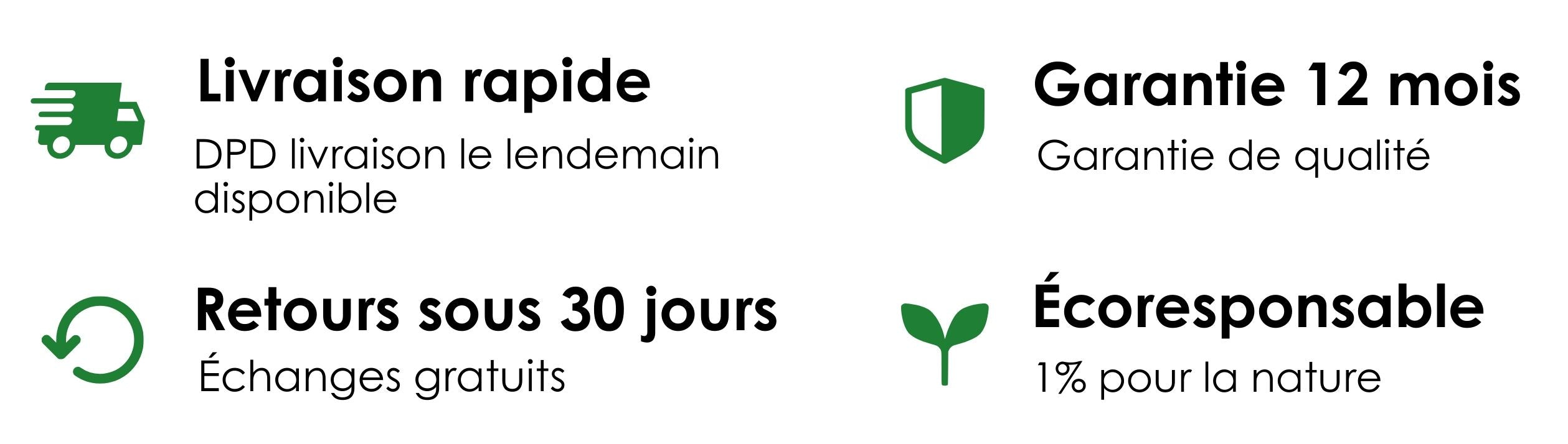 Set of icons and text about fast delivery, warranty, return policy, and eco-responsibility on a white background.