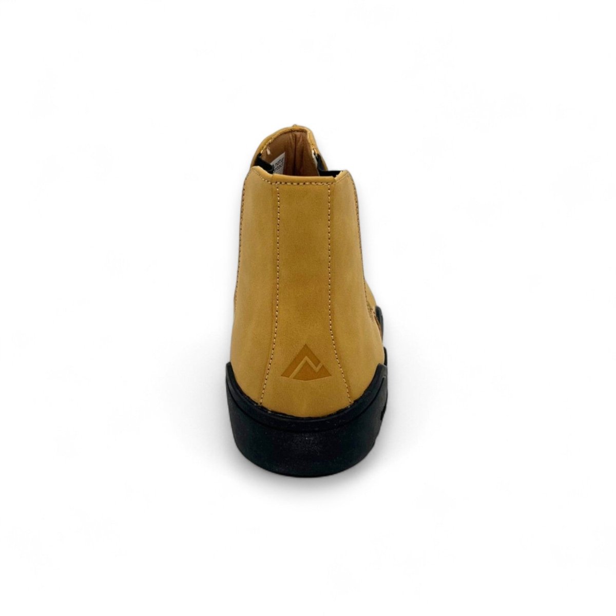 Tan ankle boot with black sole on a white background
