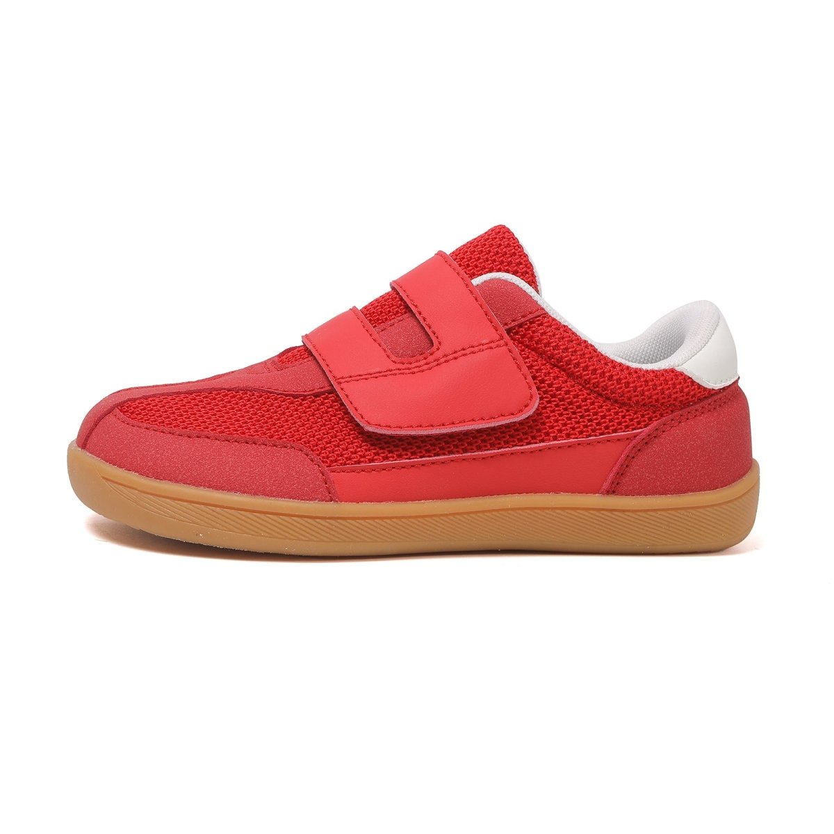 Red children's barefoot shoe with a brown sole on a white background side view
