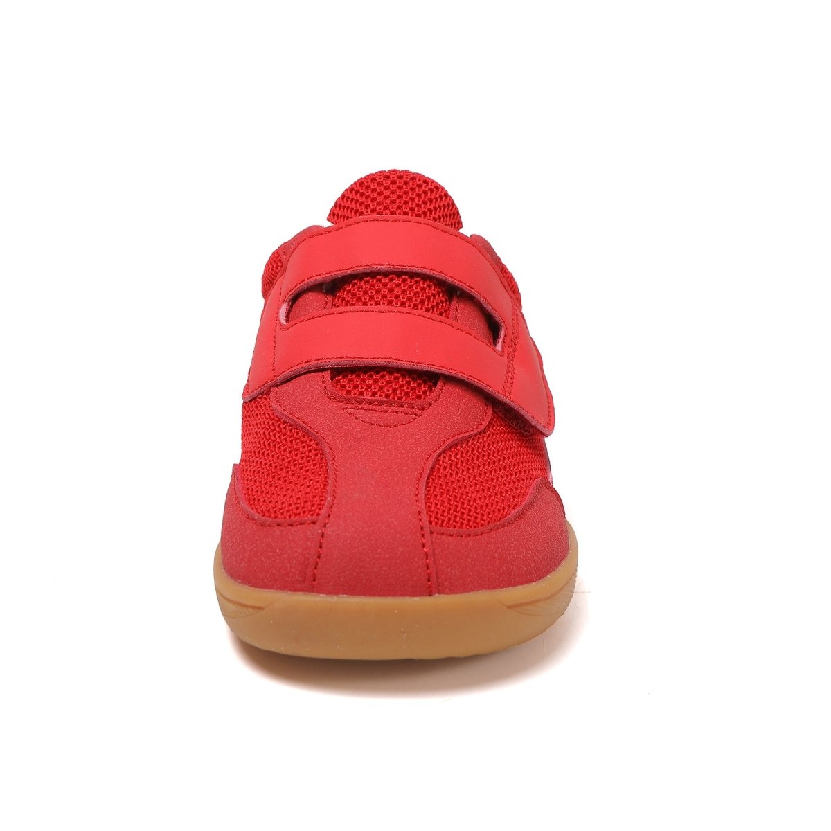 Red children's barefoot shoe with a brown sole on a white background front view