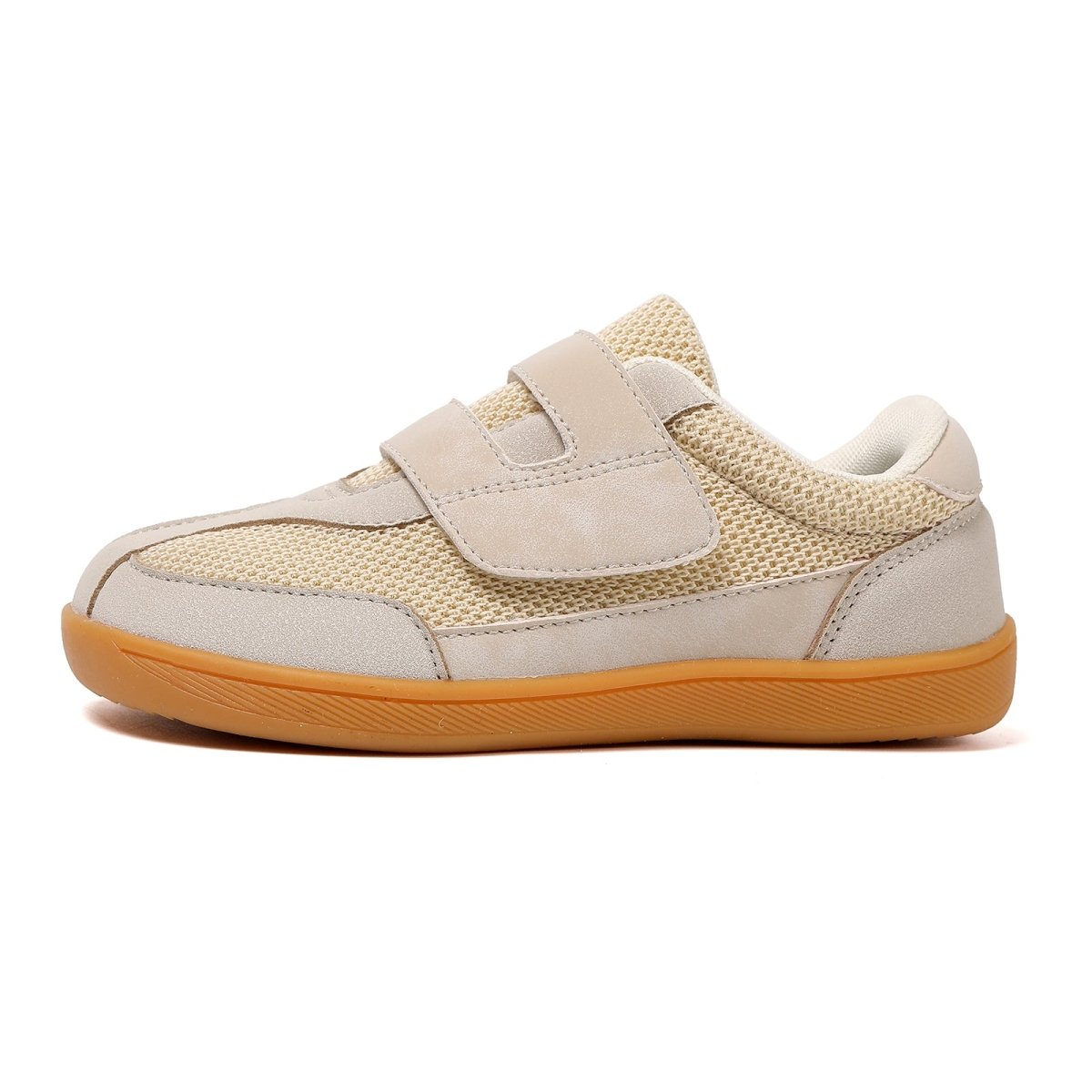 Beige barefoot children's shoe with brown sole side view