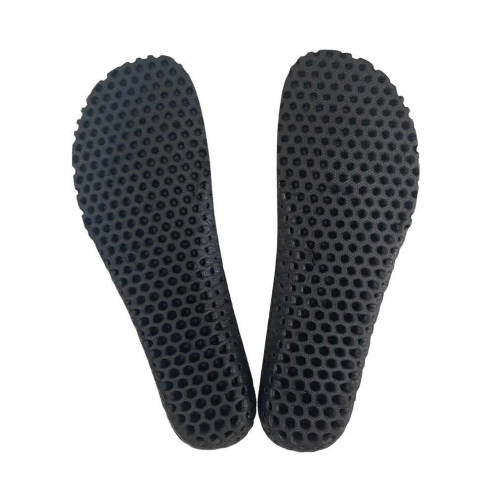 Honeycomb-textured insoles for barefoot shoes with flexible black base and full-length perforated structure.