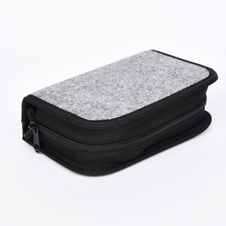 Black and gray rectangular pouch with zipper on a white background
