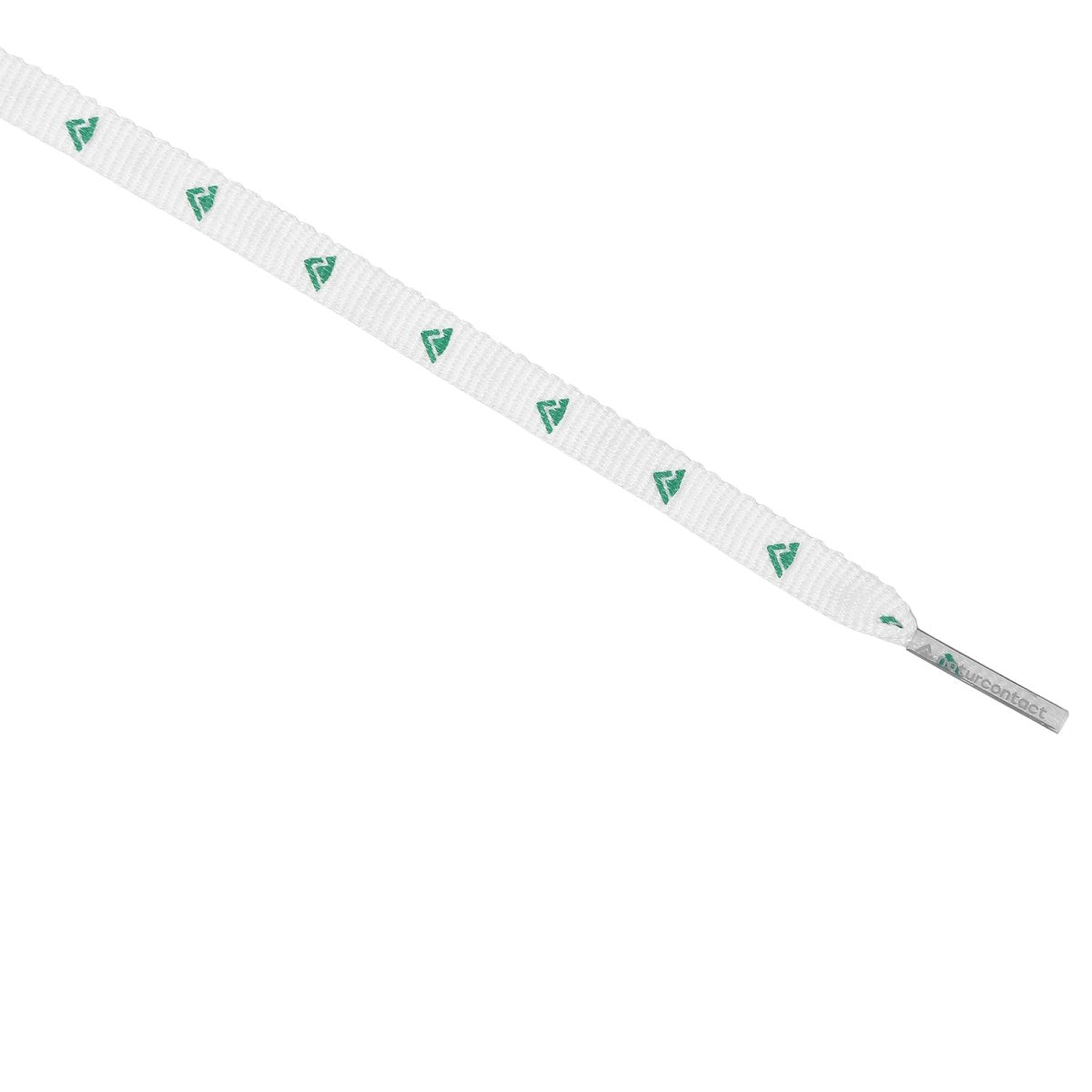 White flat shoelace with repeating green Naturcontact logo pattern and branded aglet tip.