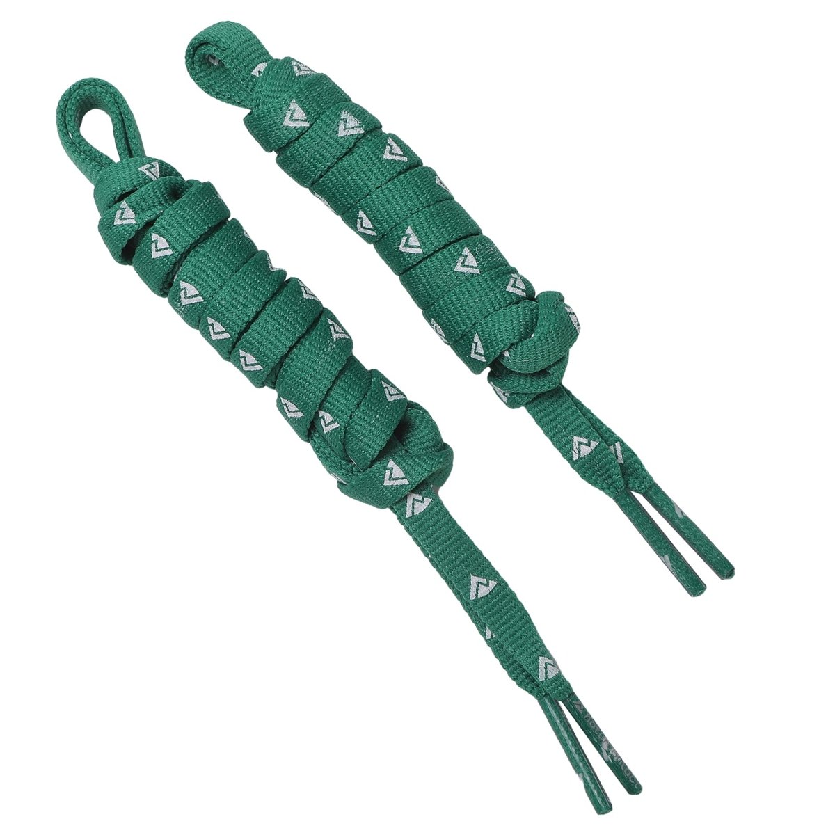 Pair of flat green shoelaces printed with repeating white Naturcontact logos and reinforced aglets