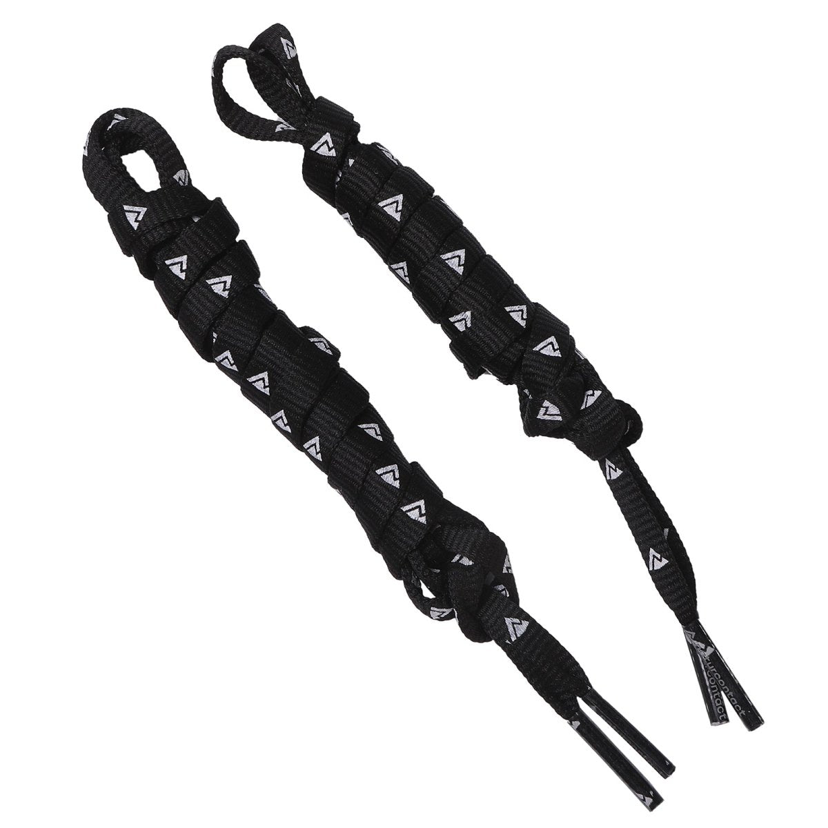 Pair of flat black shoelaces printed with repeating white Naturcontact logos and reinforced aglets