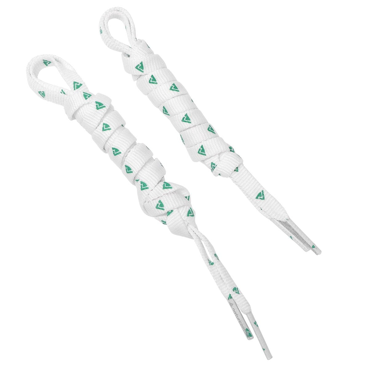Pair of flat white shoelaces featuring repeating green Naturcontact logos and branded aglets.