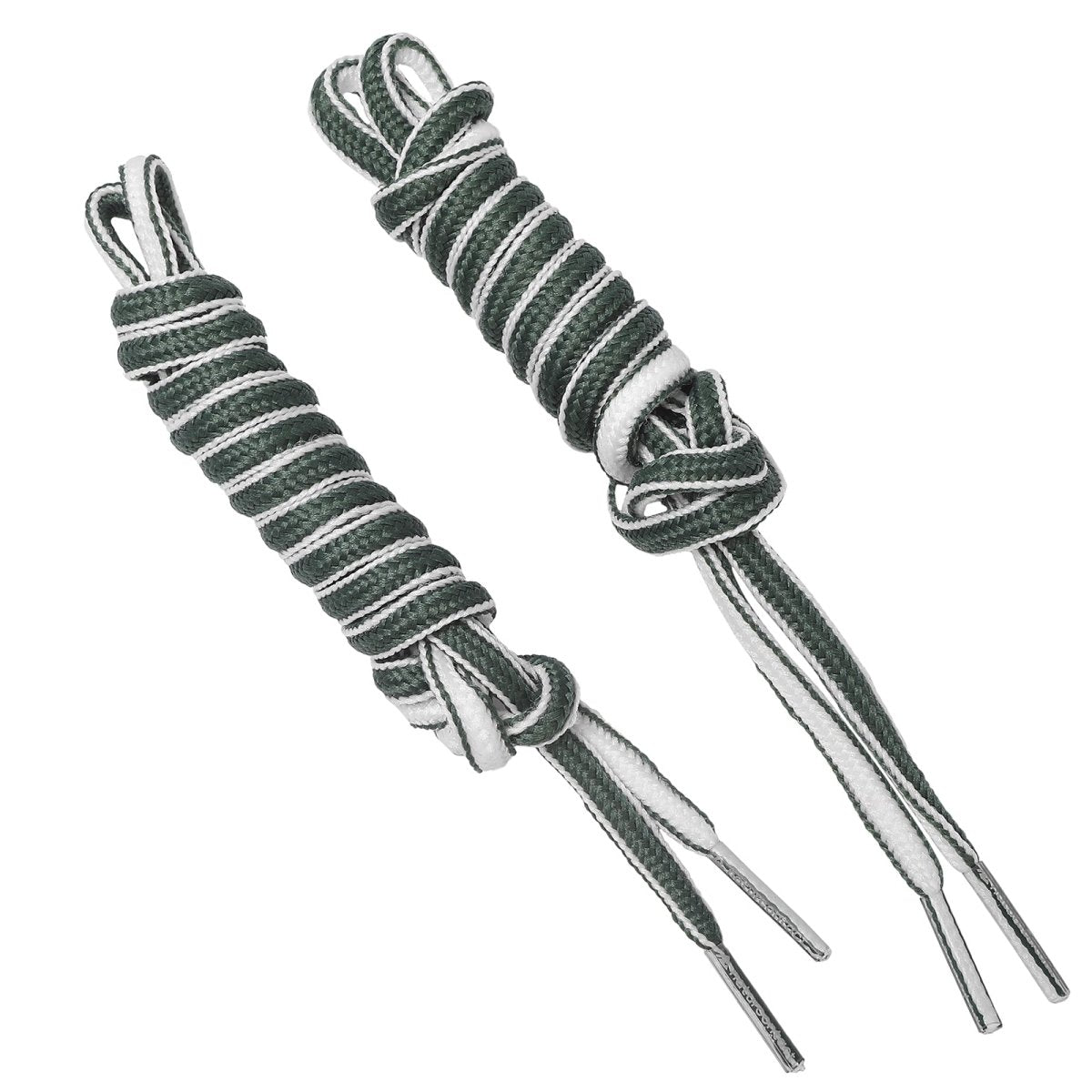 Pair of two-tone dark green and white braided shoelaces with reinforced tips.