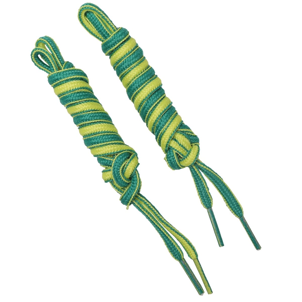 Pair of two-tone green and yellow braided shoelaces with plastic aglets.