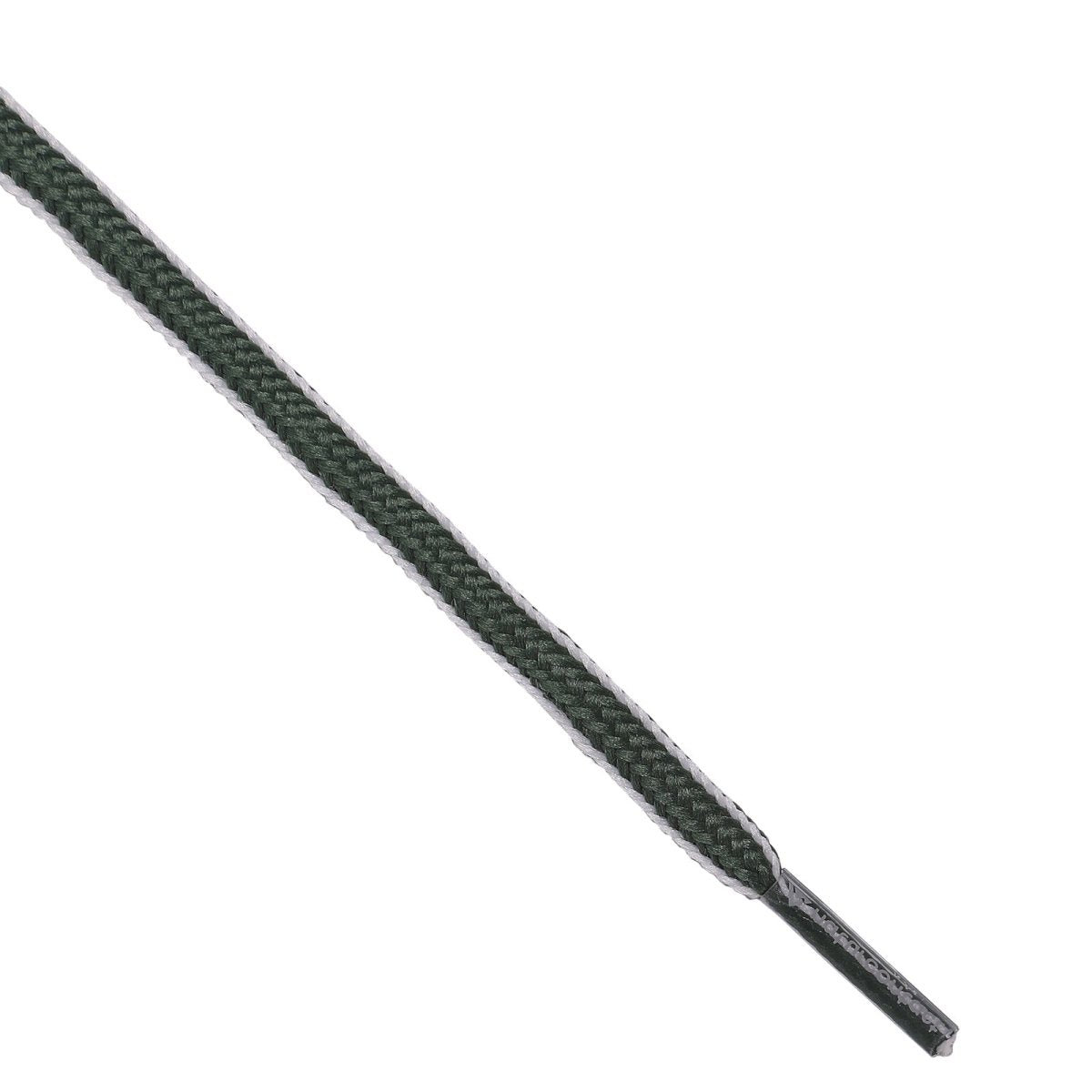 Close-up view of a dark green and white woven shoelace showing the braided texture.
