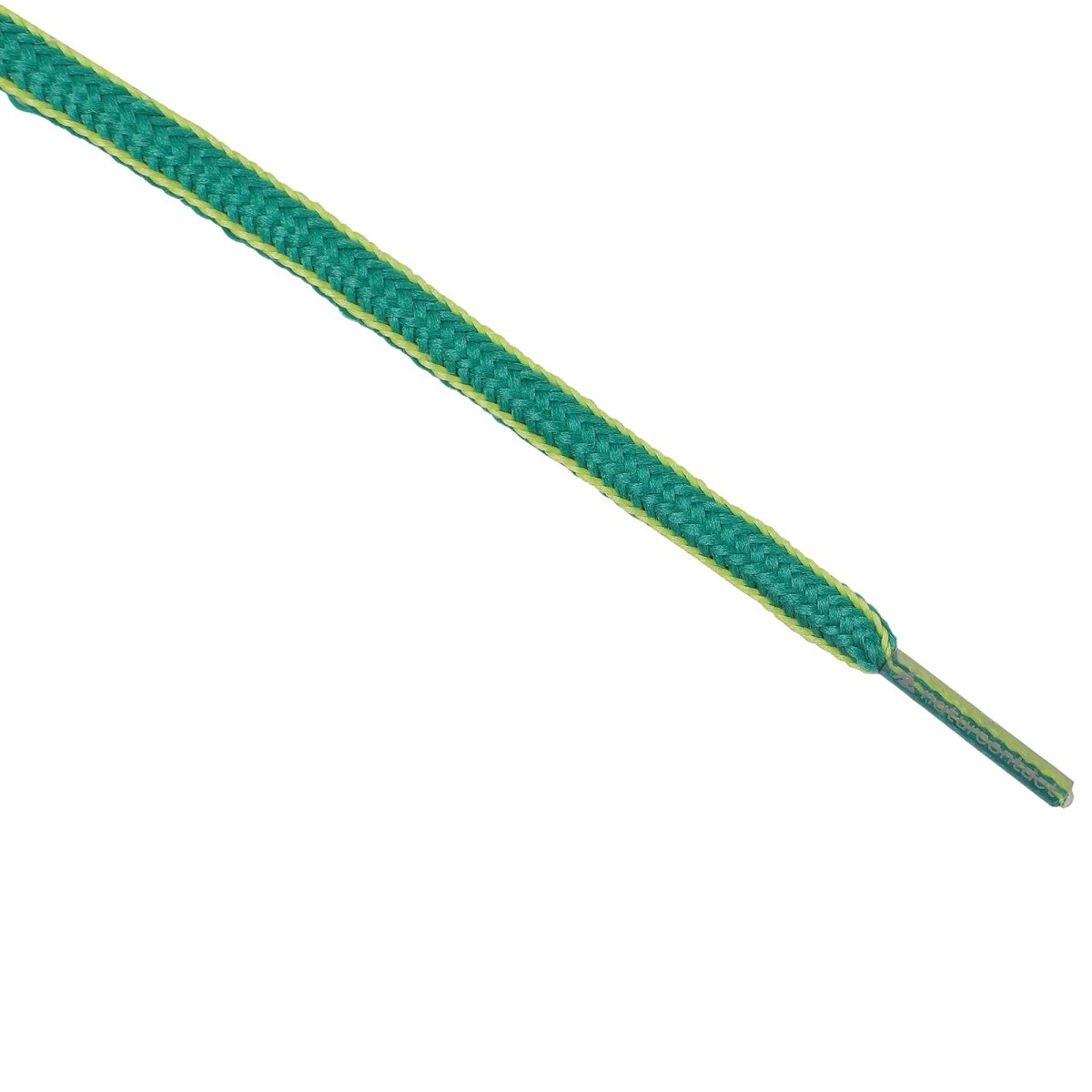 Close-up of green and yellow woven shoelaces showing the textured braid pattern.