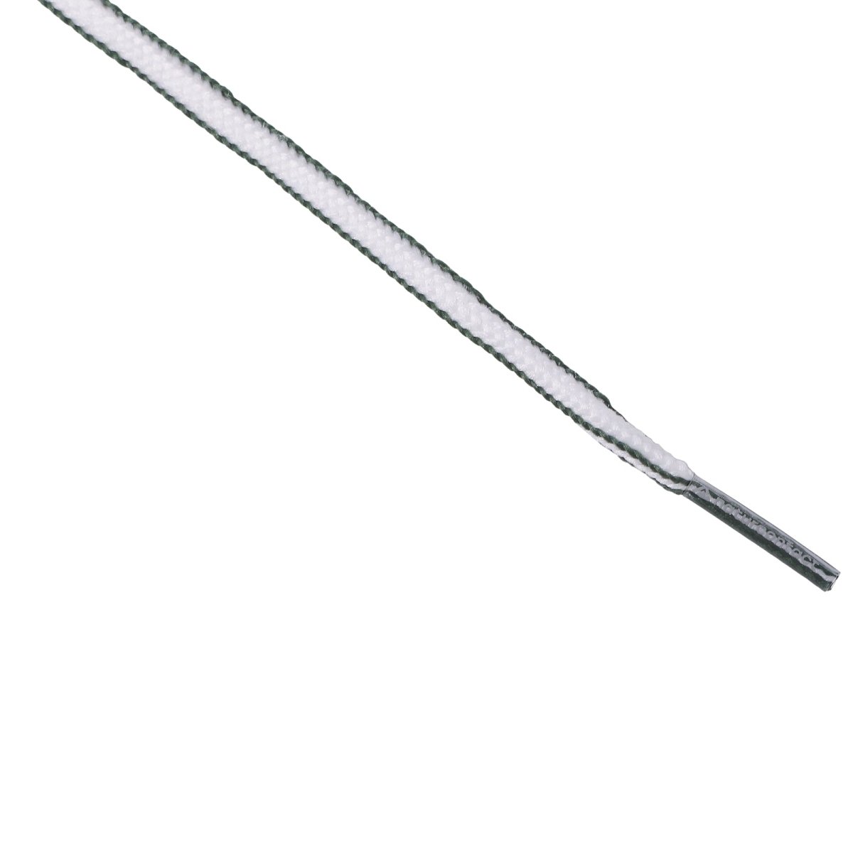 Flat shoelace in dark green and white with sturdy plastic aglet.
