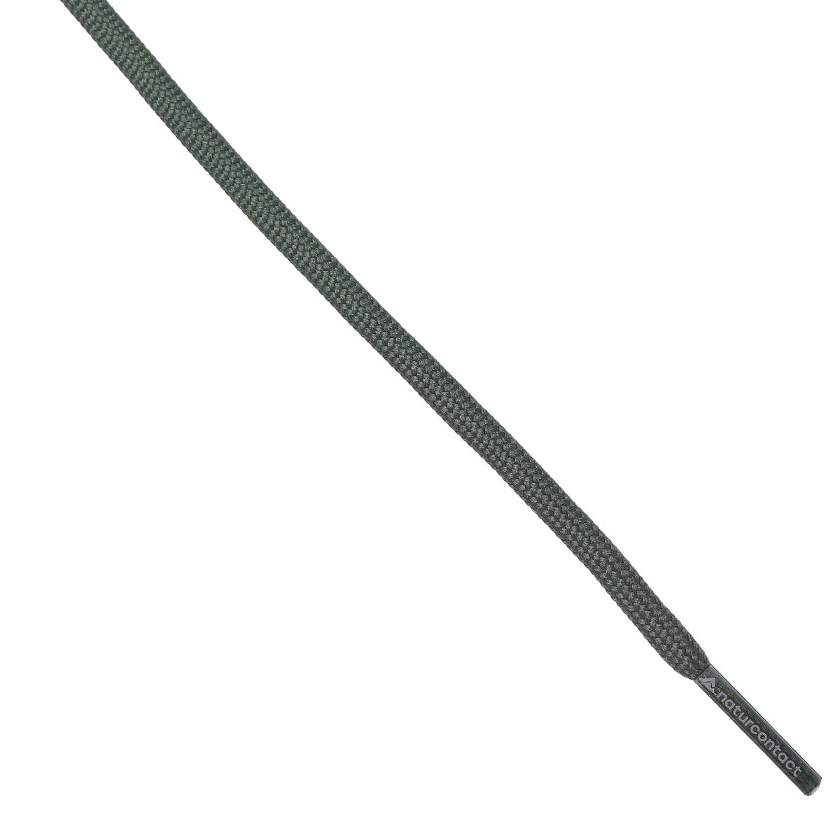 Detailed view of a tightly woven dark green shoelace showing the textured braid and printed aglet tip.