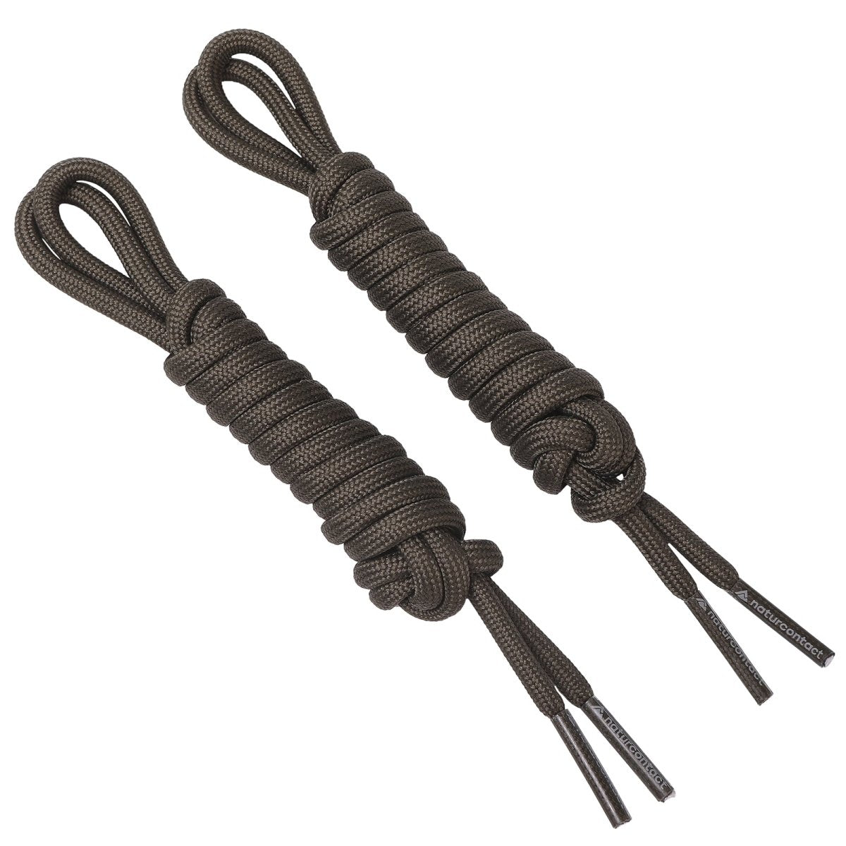 Pair of coiled brown round braided shoelaces with Naturcontact-branded aglets.