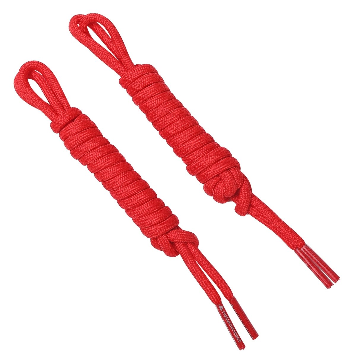 Pair of red round braided shoelaces with Naturcontact-branded aglets.