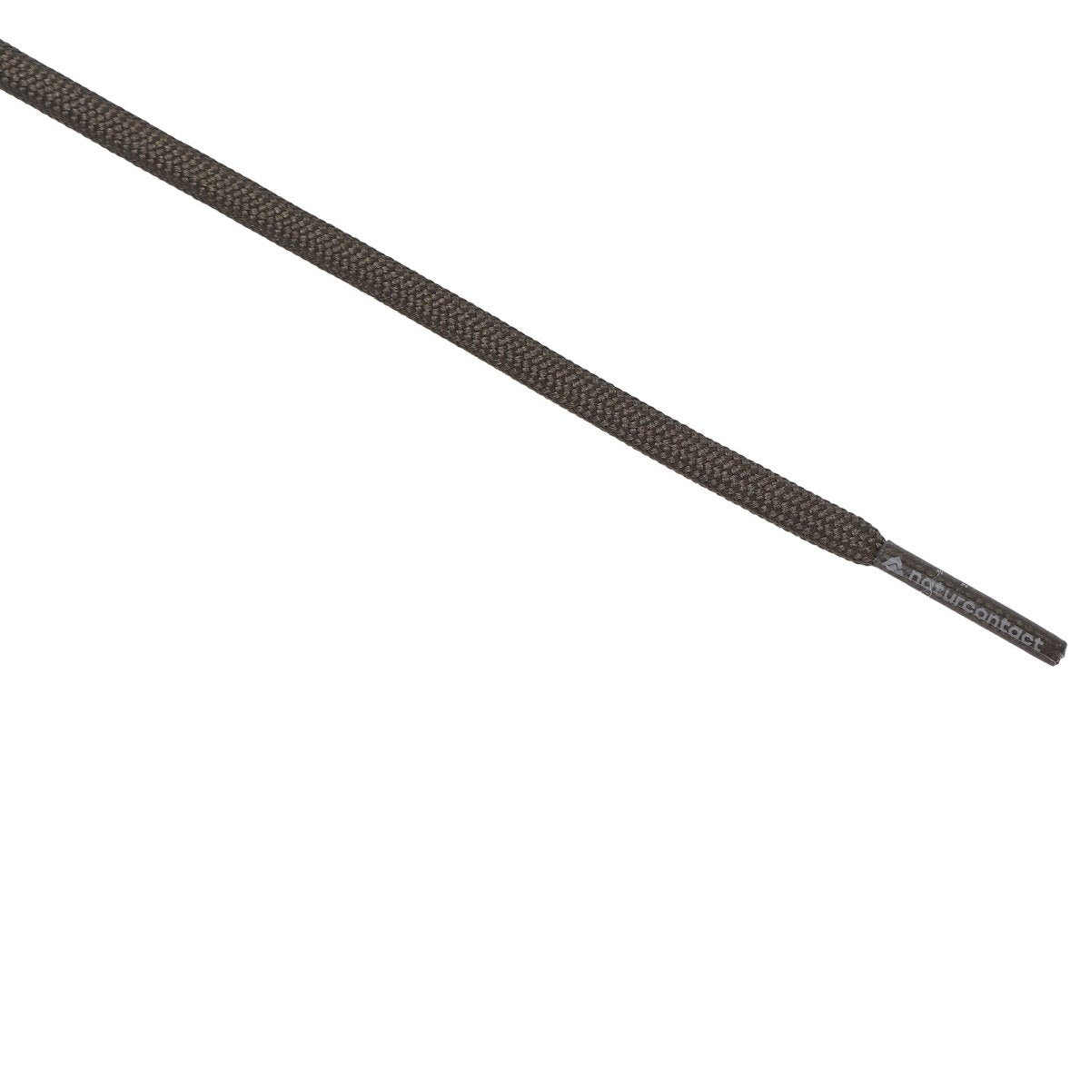 Detailed view of a tightly woven brown shoelace showing the textured braid and printed aglet tip.