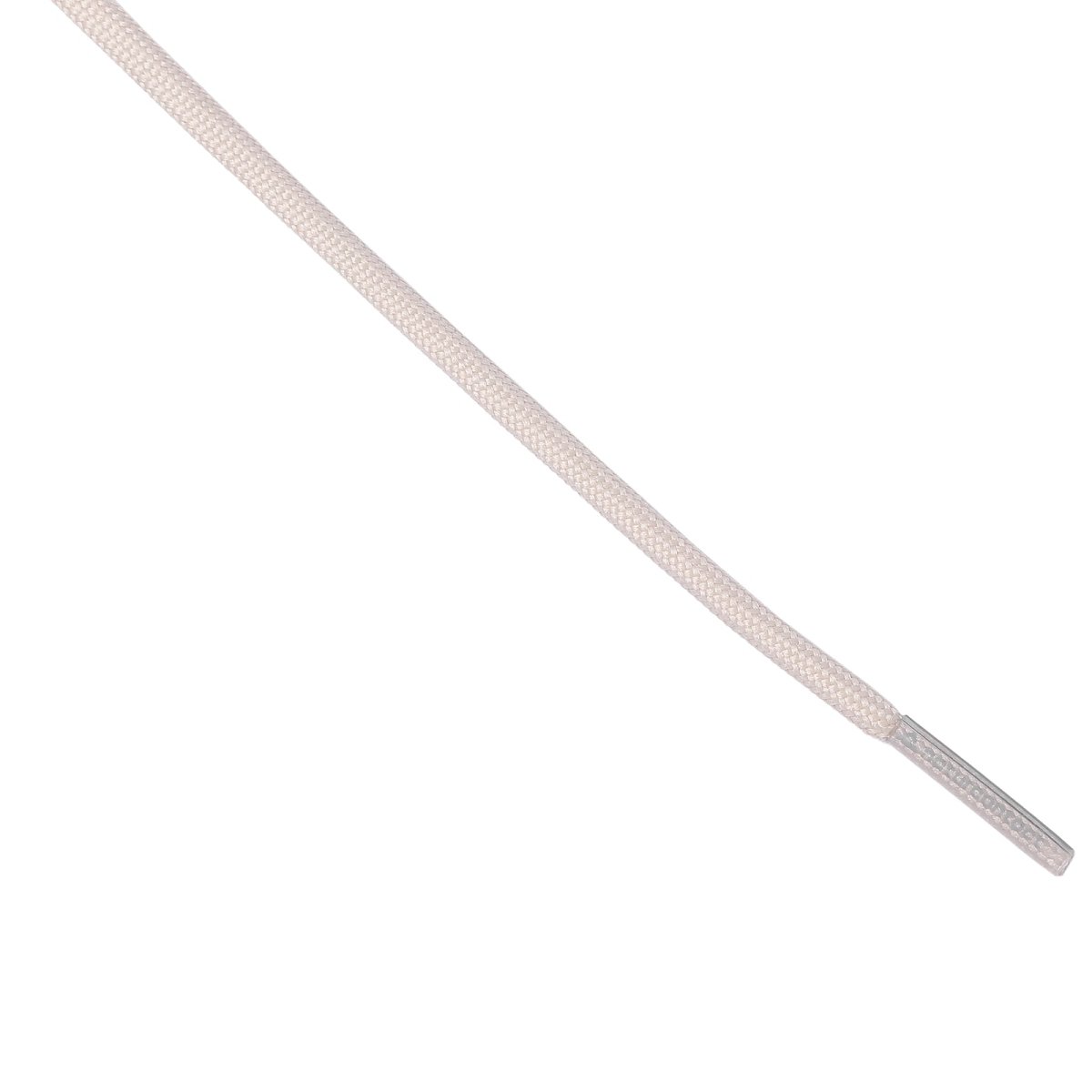 Detailed view of a tightly woven sand shoelace showing the textured braid and printed aglet tip.