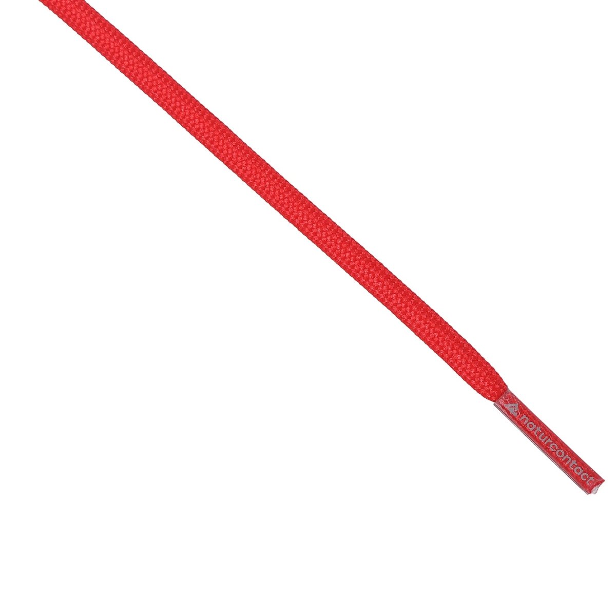 Detailed view of red shoelace showing the textured braid and printed aglet tip.