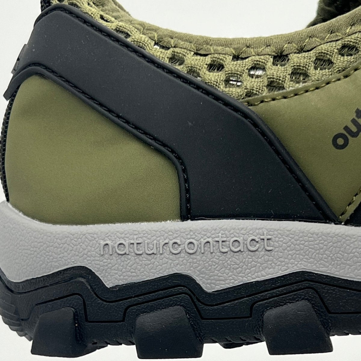 Military green hiking trekking barefoot shoes Naturcontact Side details and sole of the shoe