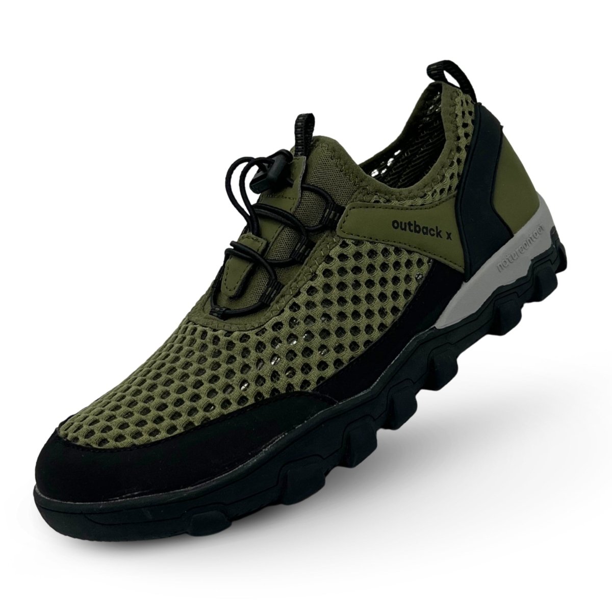Military Green hiking trekking barefoot shoes with elastic laces horizontal view