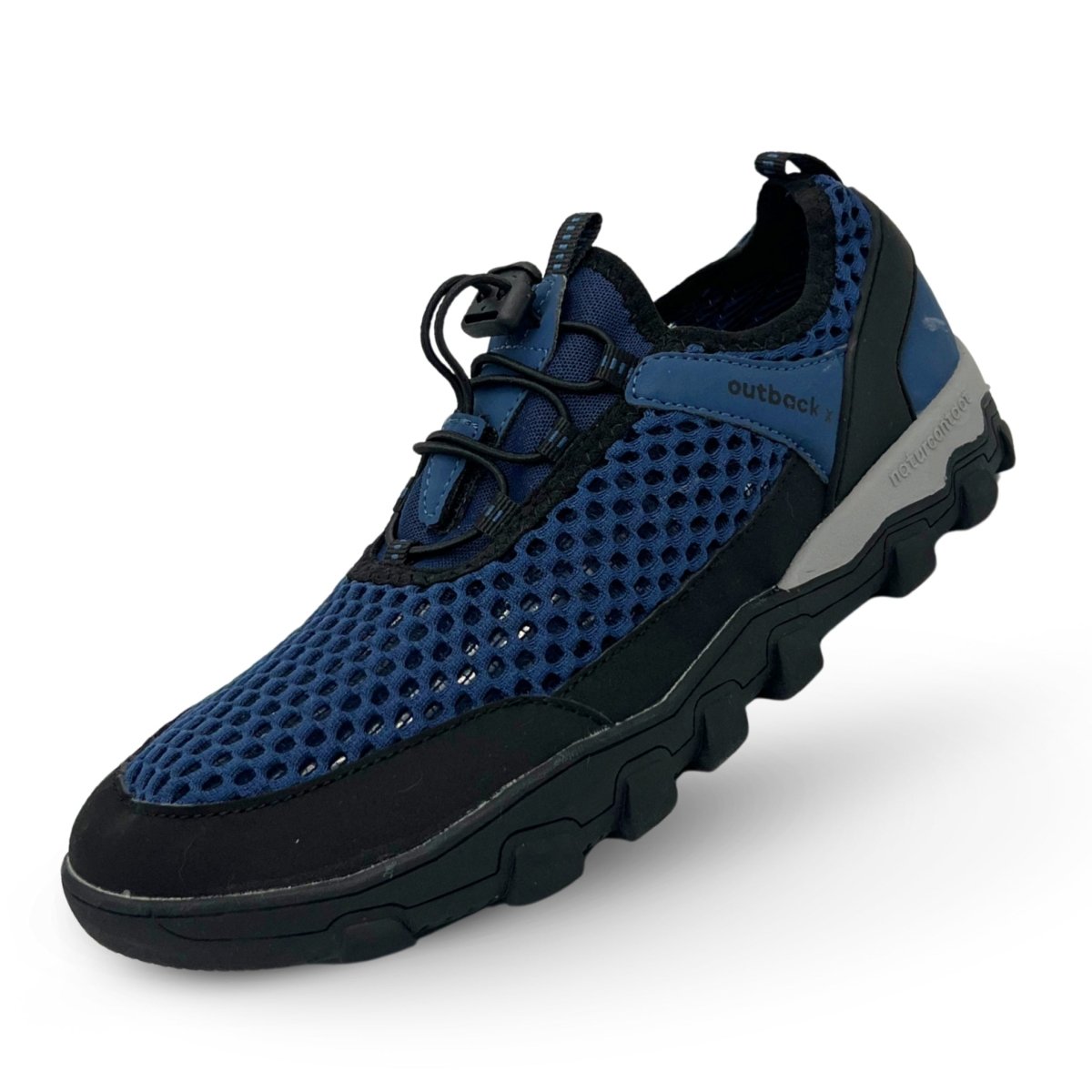 Blue hiking trekking barefoot shoes Naturcontact with elastic laces horizontal view