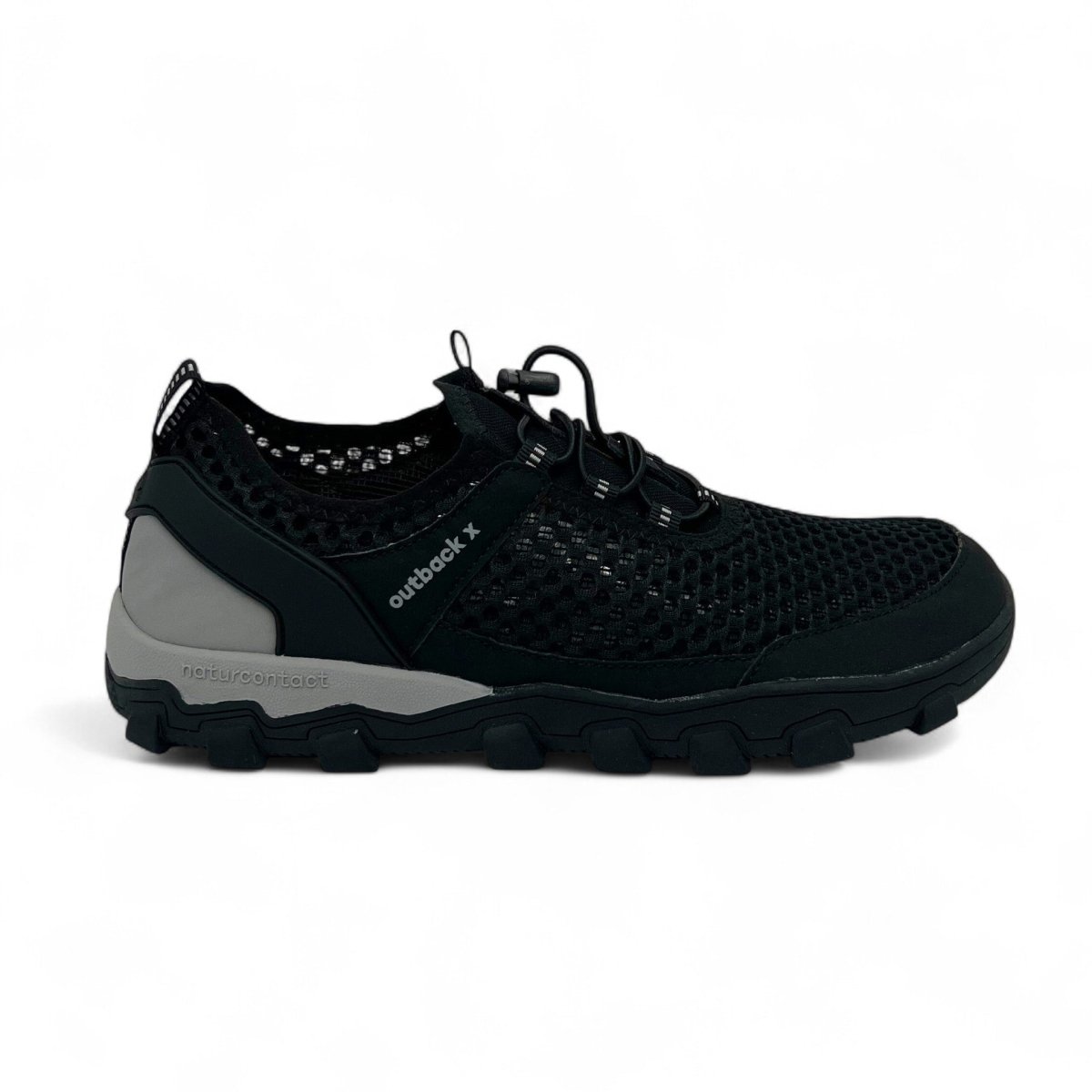 Black hiking trekking barefoot shoes Naturcontact side view