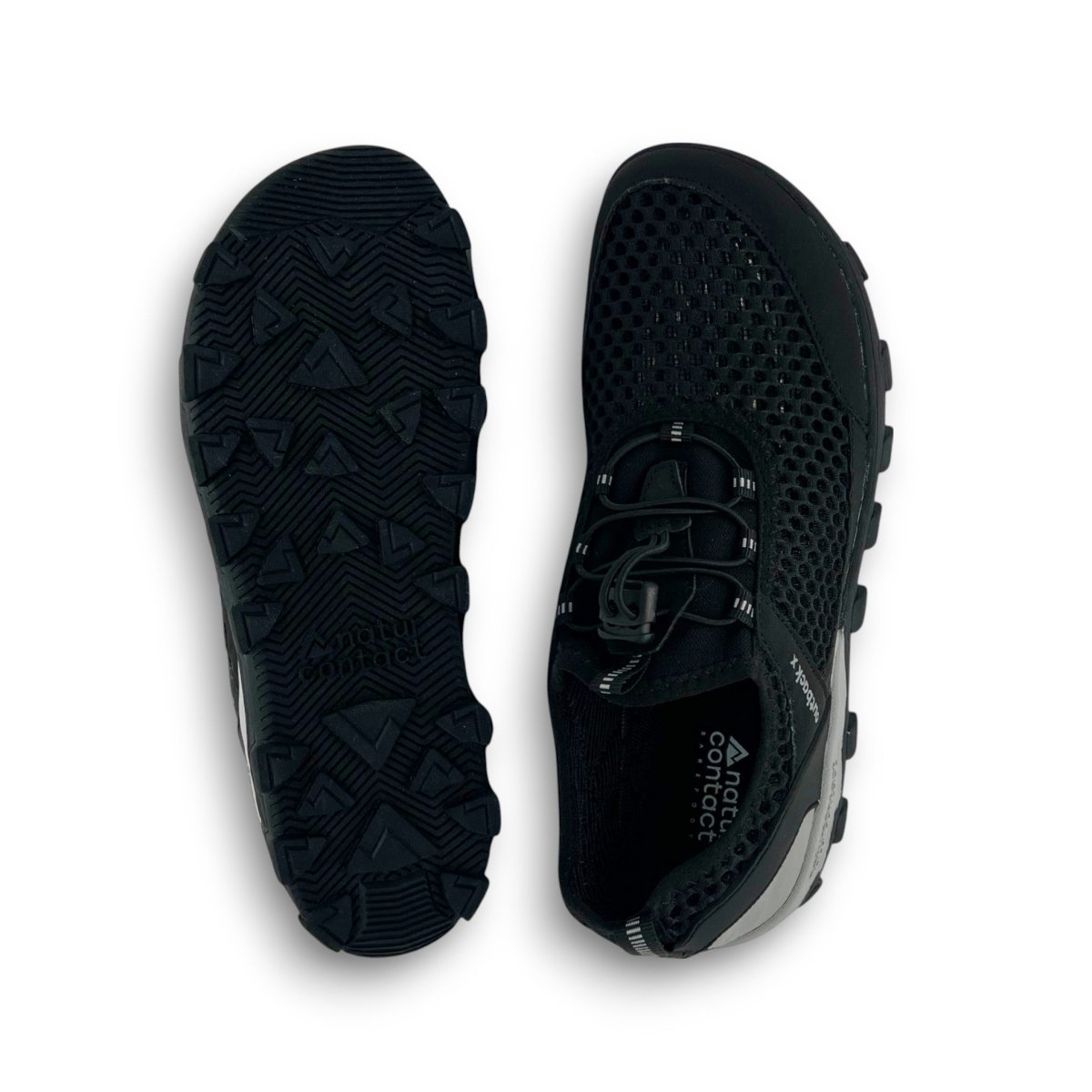 Black hiking trekking barefoot shoes Naturcontact with black sole details top and bottom views