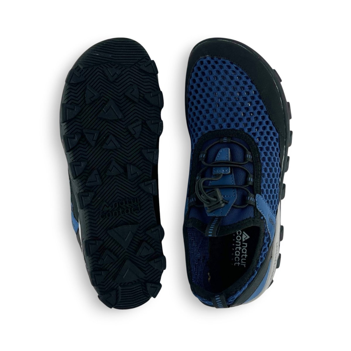 Blue hiking trekking barefoot shoes Naturcontact with black sole details top and bottom views
