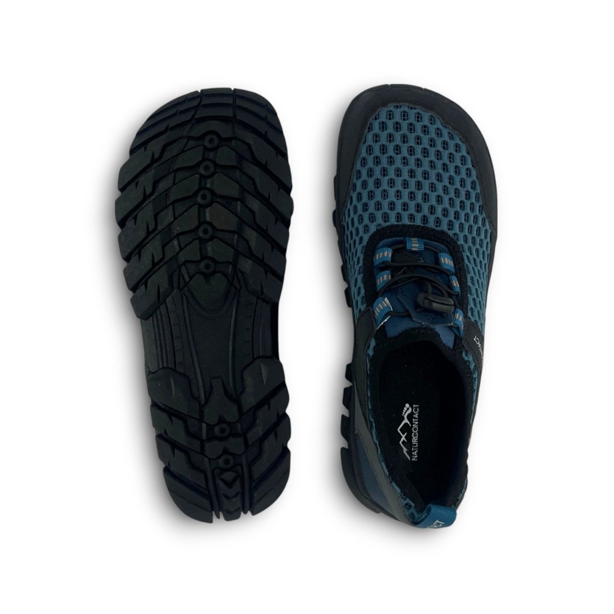 Blue hiking trekking barefoot shoes Naturcontact with black sole details top and bottom views