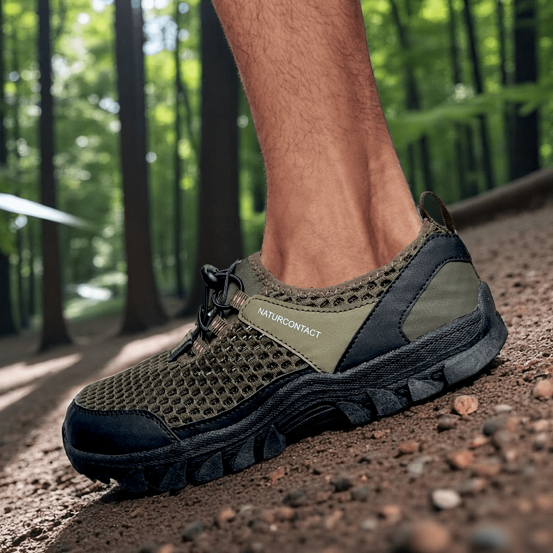 side view of military green hiking trekking barefoot shoes worn