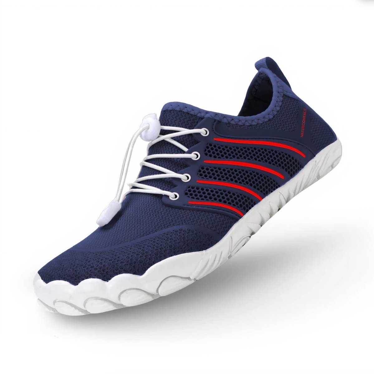 Navy blue athletic sport barefoot shoes with white sole and red accents on a white background