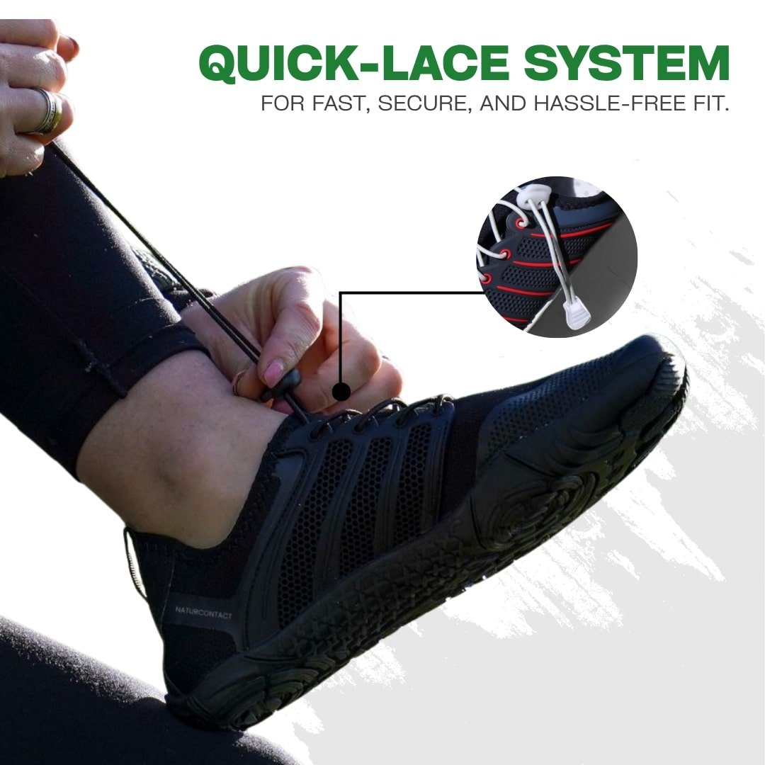 side view with elastic laces detail black sport barefoot shoes