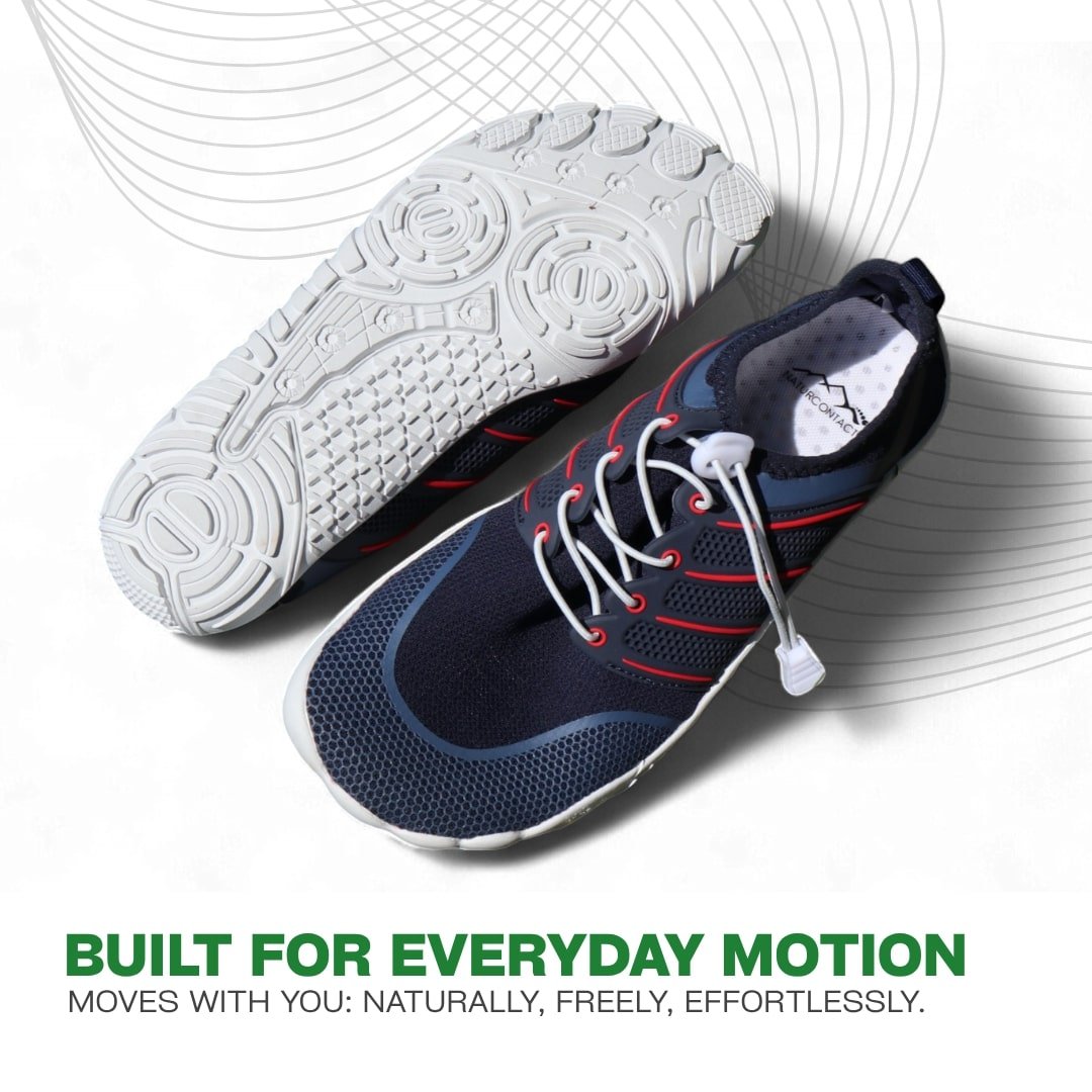 top and bottom views of blue summer barefoot shoes and white sole