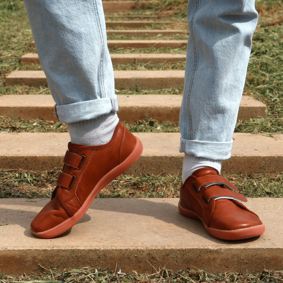 brown velcro closure front view leather barefoot minimalist shoes