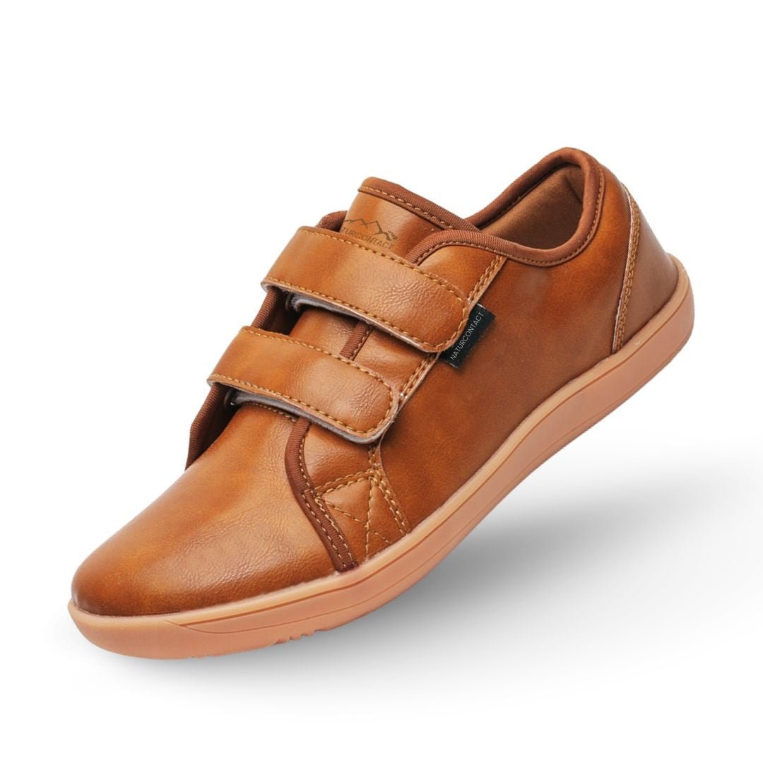 brown velcro closure leather barefoot shoes
