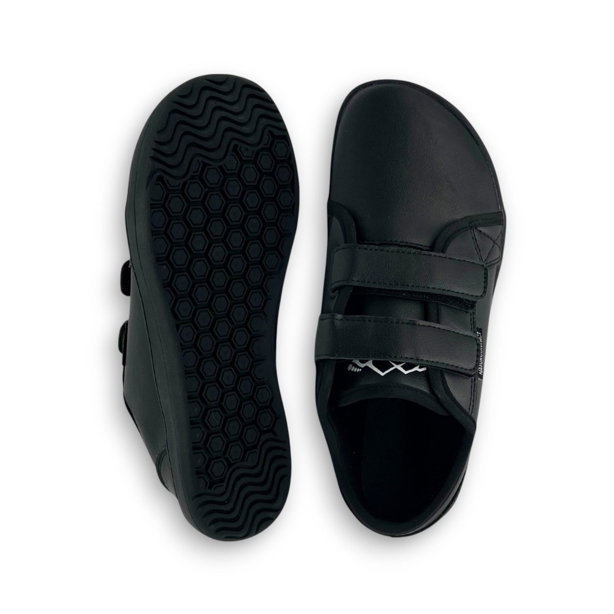 Naturcontact Terra Flex 2.0 barefoot shoes in black, showing wide toe box, double velcro closure and flexible zero-drop sole with textured grip pattern